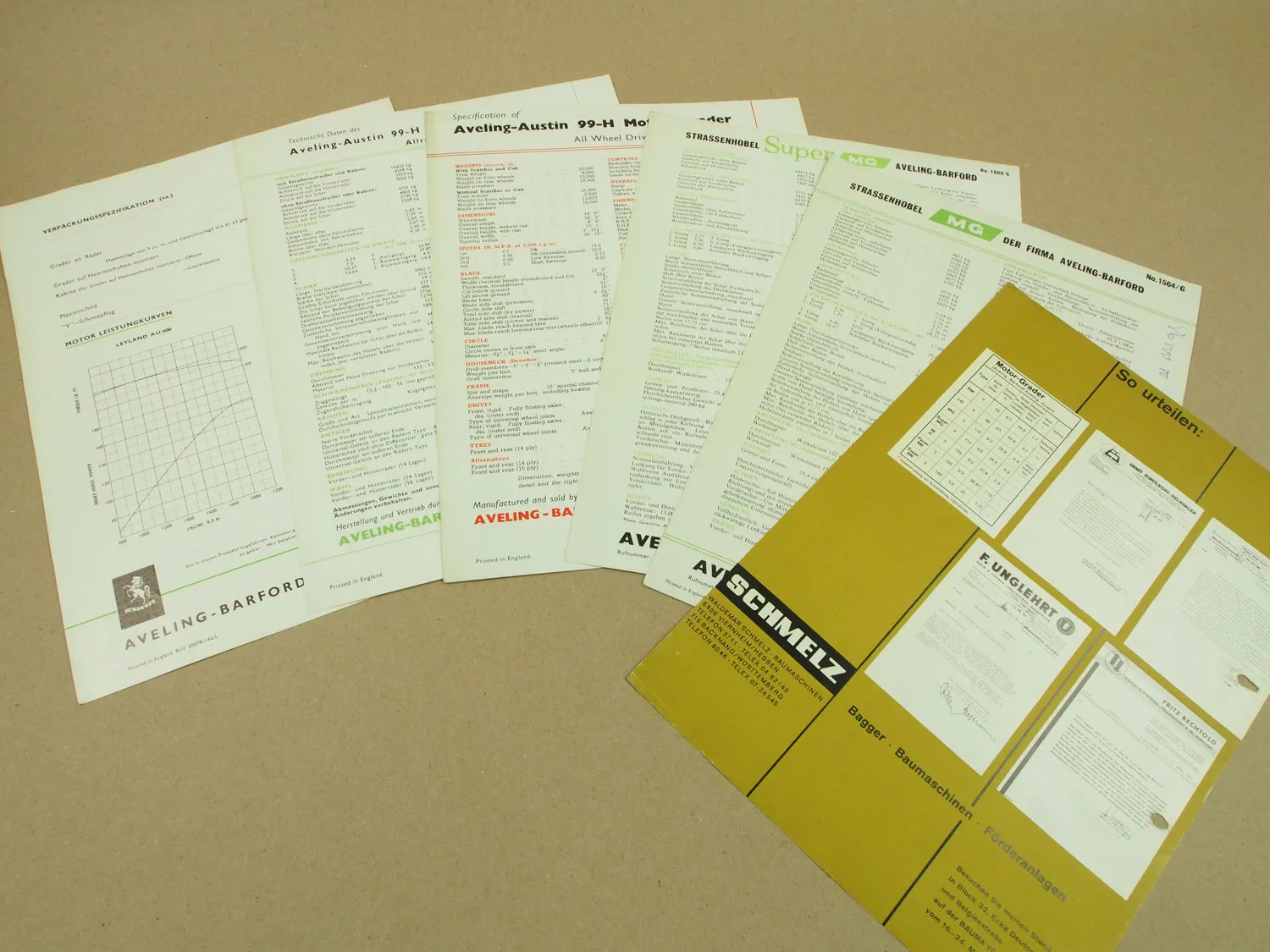 6 Prospekte Aveling Austin Barford Pacer 400 99-H Super MG Grader 1957-62