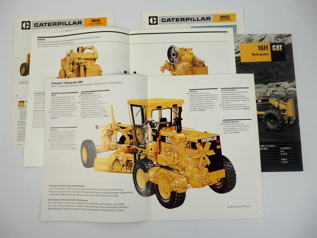 6 Prospekte Caterpillar 12G 16G 14H 16H 140H 160H Motorgrader 1980/90er Jahre