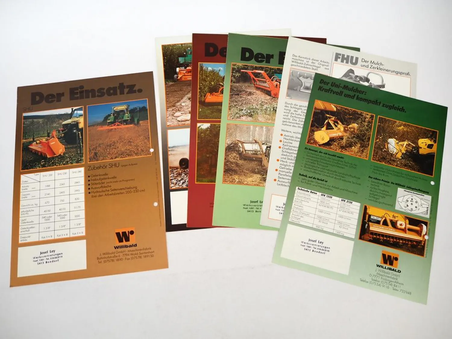 6x Orig. Prospekt Willibald Anbaugeräte für z.B. Unimog Forstwirtschaft ca. 1990