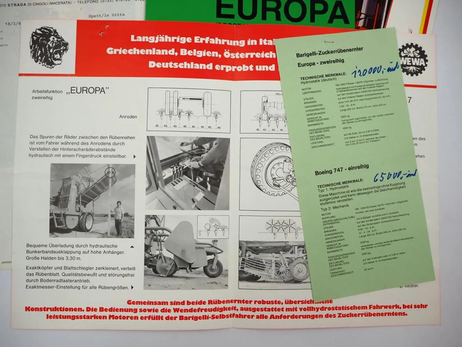 6x Original Prospekt Anschreiben Mappe Barigelli Landtechnik ca. 1981 Italien
