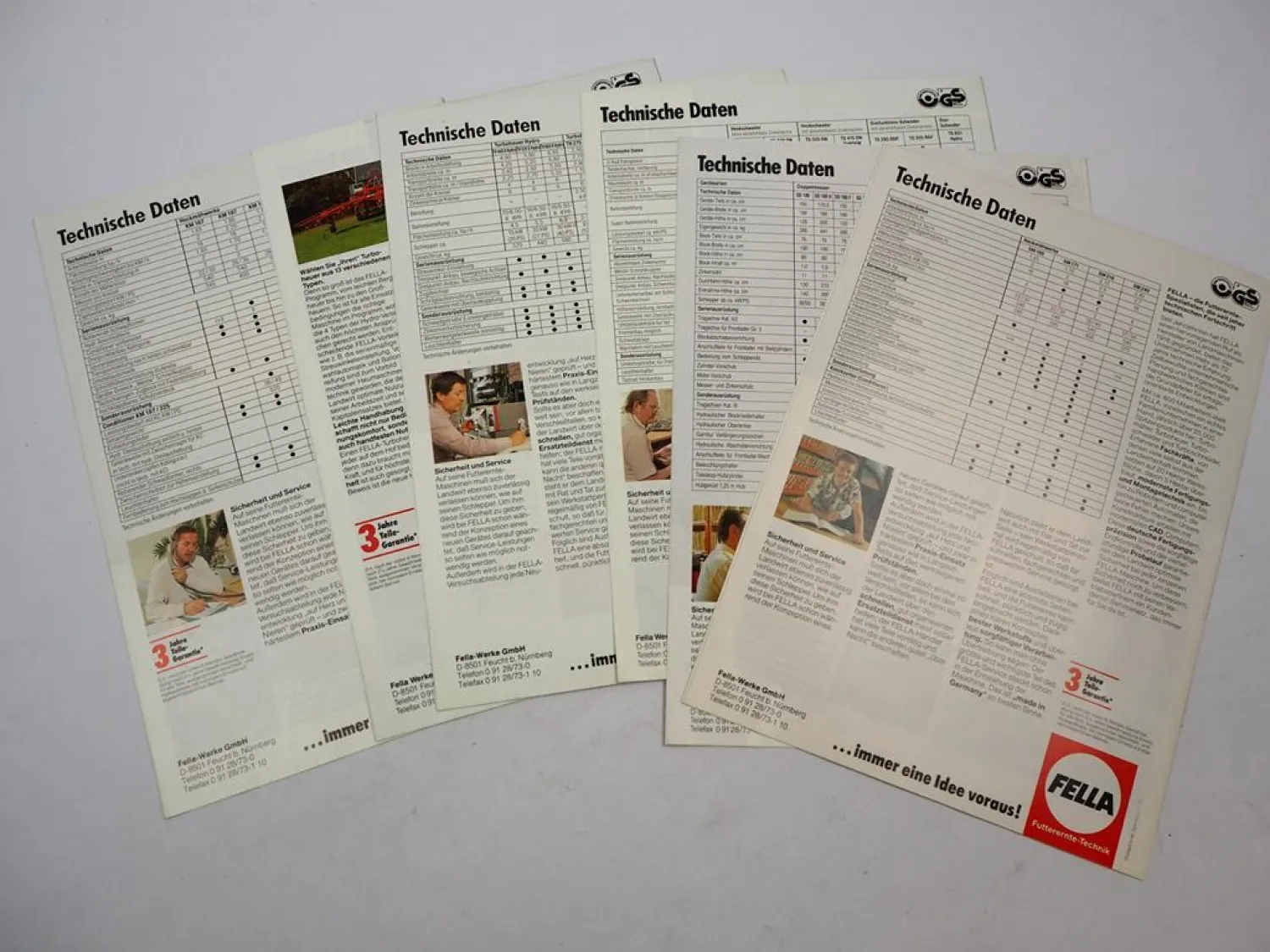6x Original Prospekt in Mappe Fella Landtechnik Mähwerk Turboheuer Schwader 1990