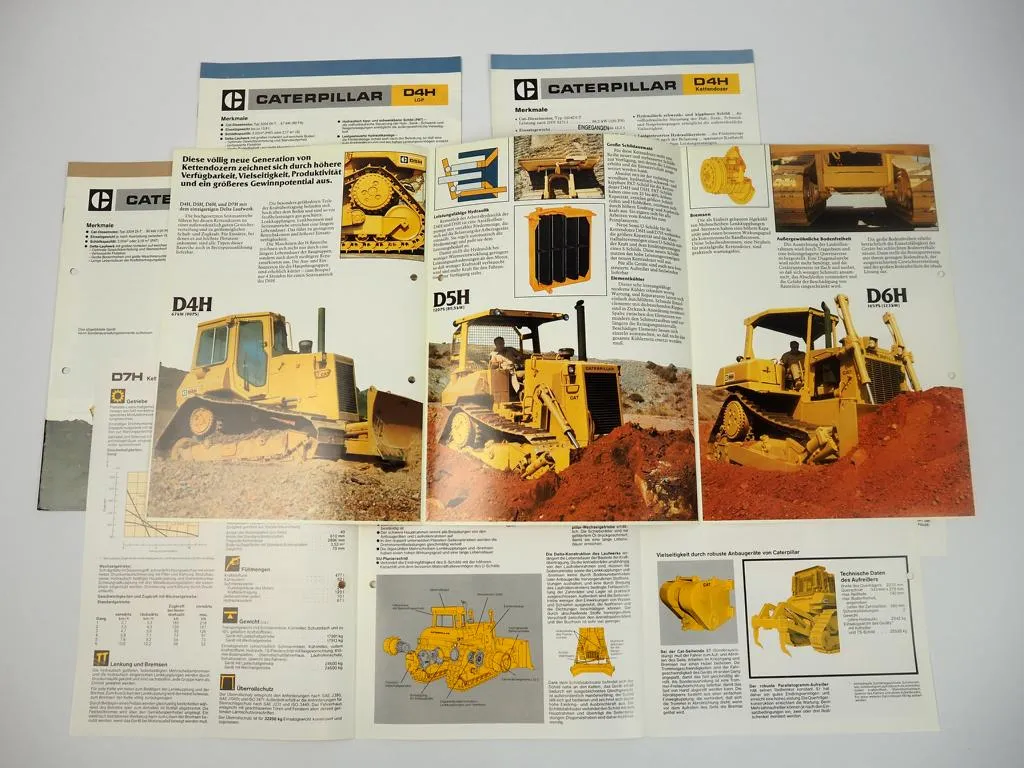 7 Prospekte Caterpillar D4H D5H D6H D7H Kettendozer 1980er Jahre