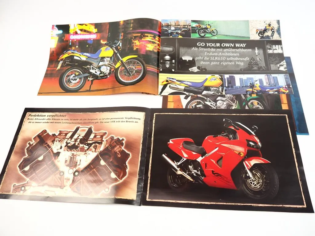 7 Prospekte Honda CBR600F SLR650 CB750 VFR XRV750 Motorrad 1990er Jahre