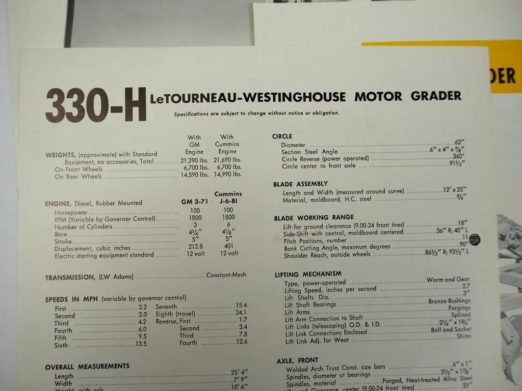 7 Prospekte LeTourneau Westinghouse 330 440 666 777 H Motor Grader
