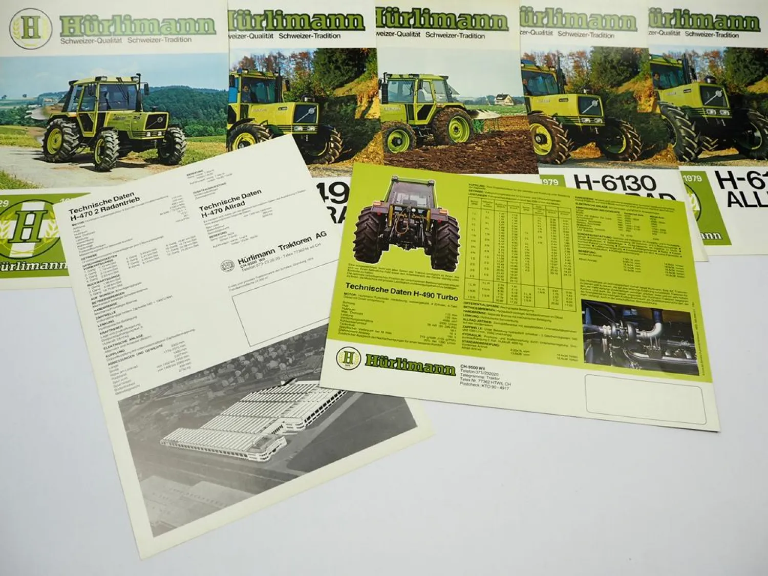7x Original Prospekt Hürlimann H-470 480 490 4110 6130 6160 Traktor 1979/1981