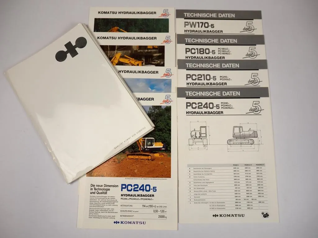 8 Prospekte Komatsu PC 170 - 240 Hydraulikbagger + technische Daten 1990/92