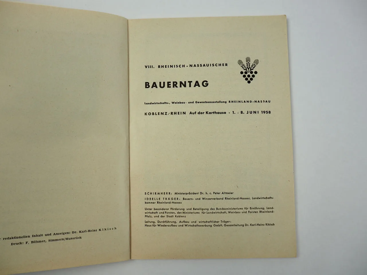 8. Rheinisch Nassauischer Bauerntag 1958 Koblenz Ausstellungskatalog