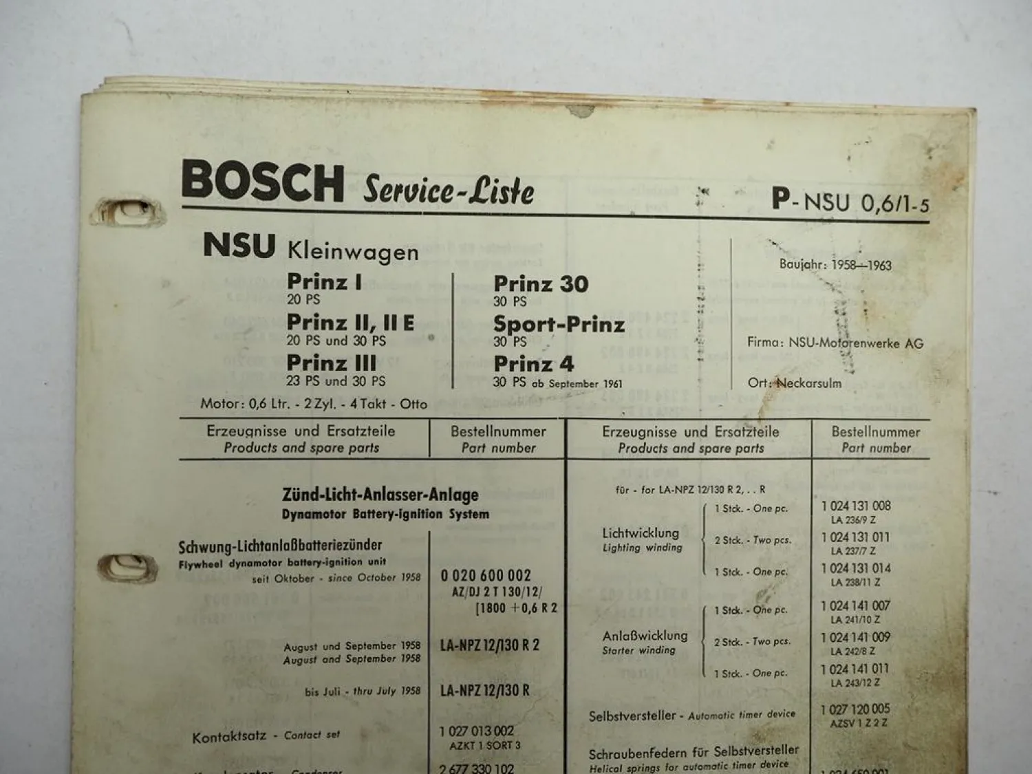 8x Original Bosch Service-Liste für NSU PKW Prinz RO80 1000 BJ 1958-1969