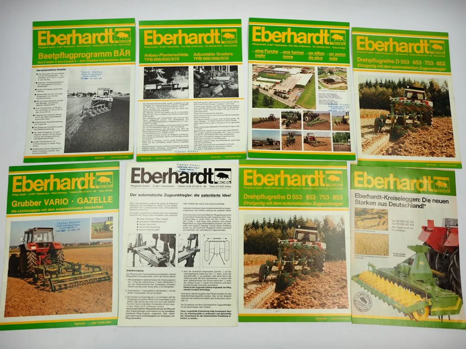 8x Original Prospekt Eberhardt Pflugfabrik Landtechnik Egge Pflug Grubber 1980er
