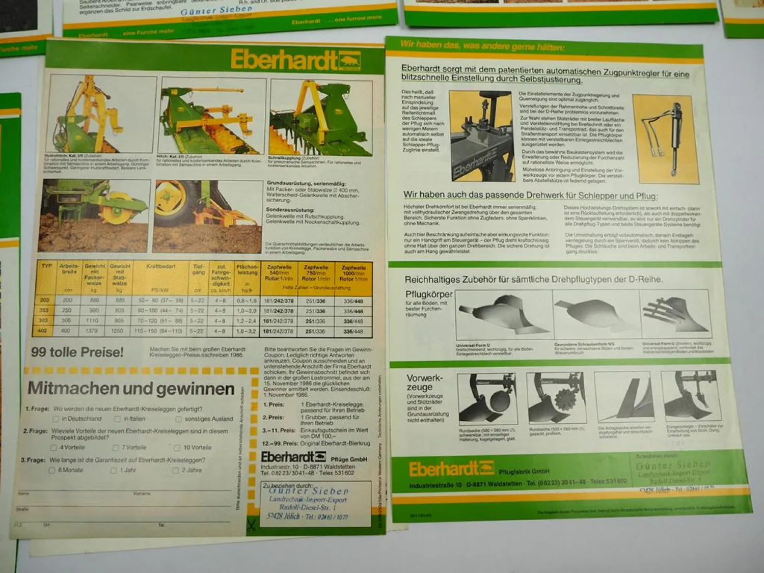 8x Original Prospekt Eberhardt Pflugfabrik Landtechnik Egge Pflug Grubber 1980er