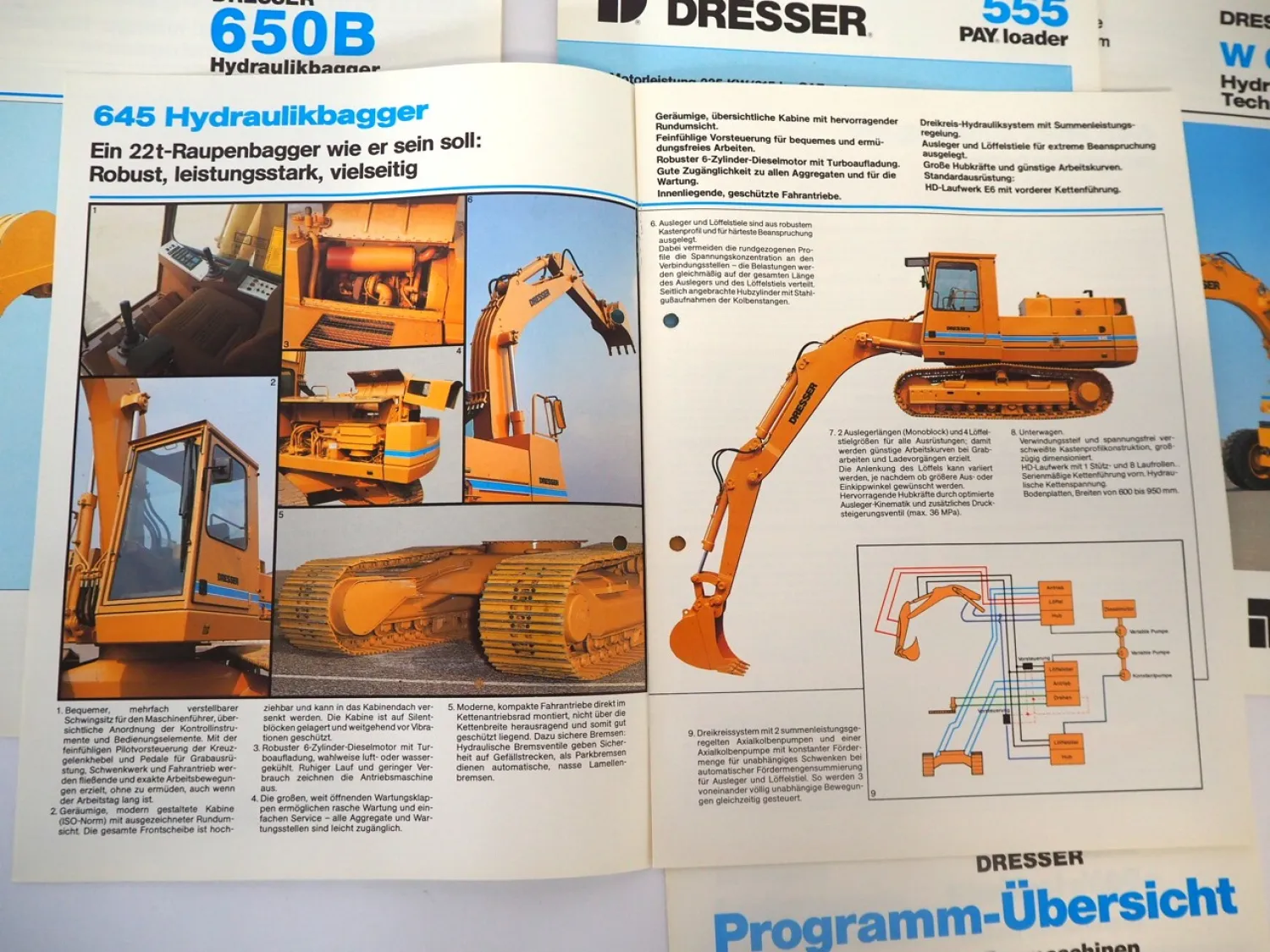 8x Prospekt Dresser Baumaschinen 645 650B Bagger 555 Radlader 1987/88