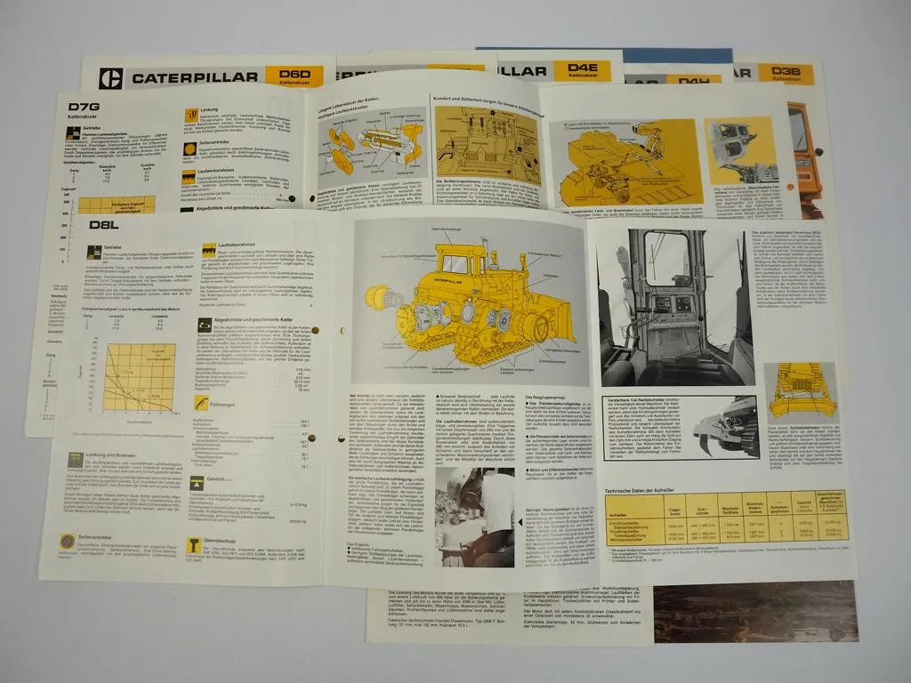 9 Prospekte Caterpillar D3B bis D8L Kettendozer 1980er Jahre