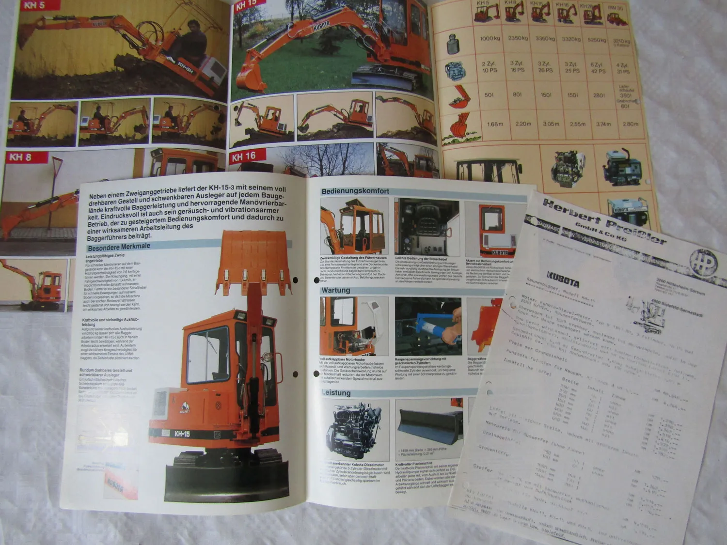 9 Prospekte Kubota Bagger KH und RW Modelle aud dem Jahr 1983 und Preisangaben