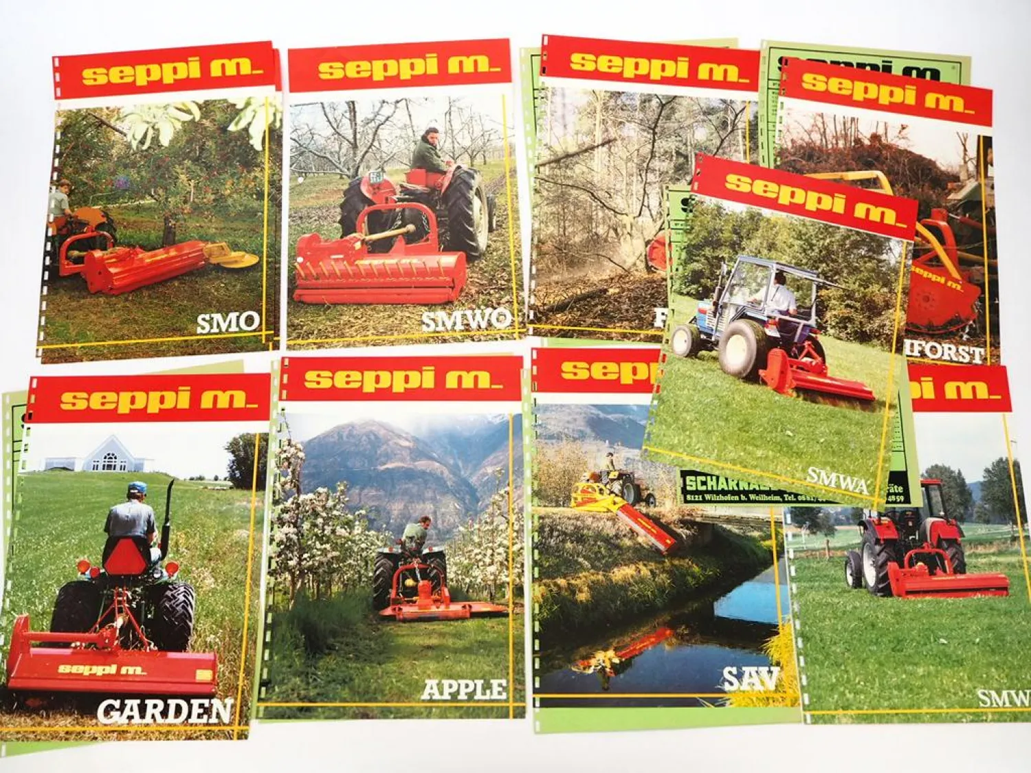 9x Orig. Prospekt Preisliste Seppi M. SMWA SAV Garden Forst Mulchgerät ca. 1991