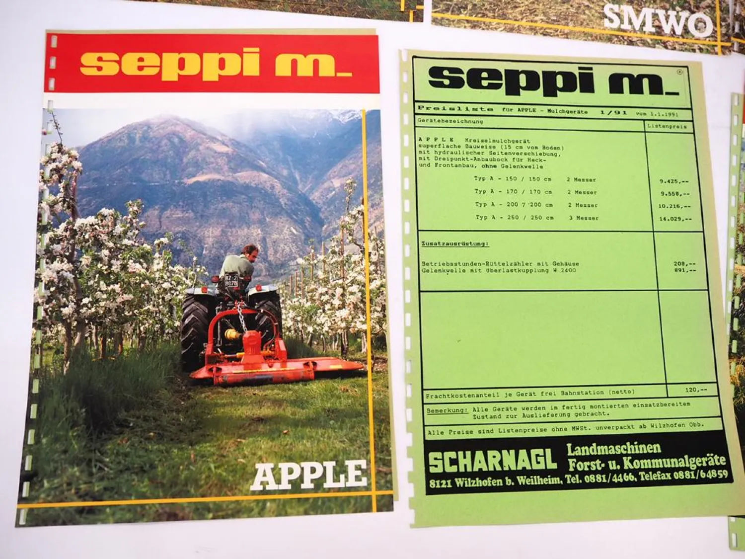 9x Orig. Prospekt Preisliste Seppi M. SMWA SAV Garden Forst Mulchgerät ca. 1991