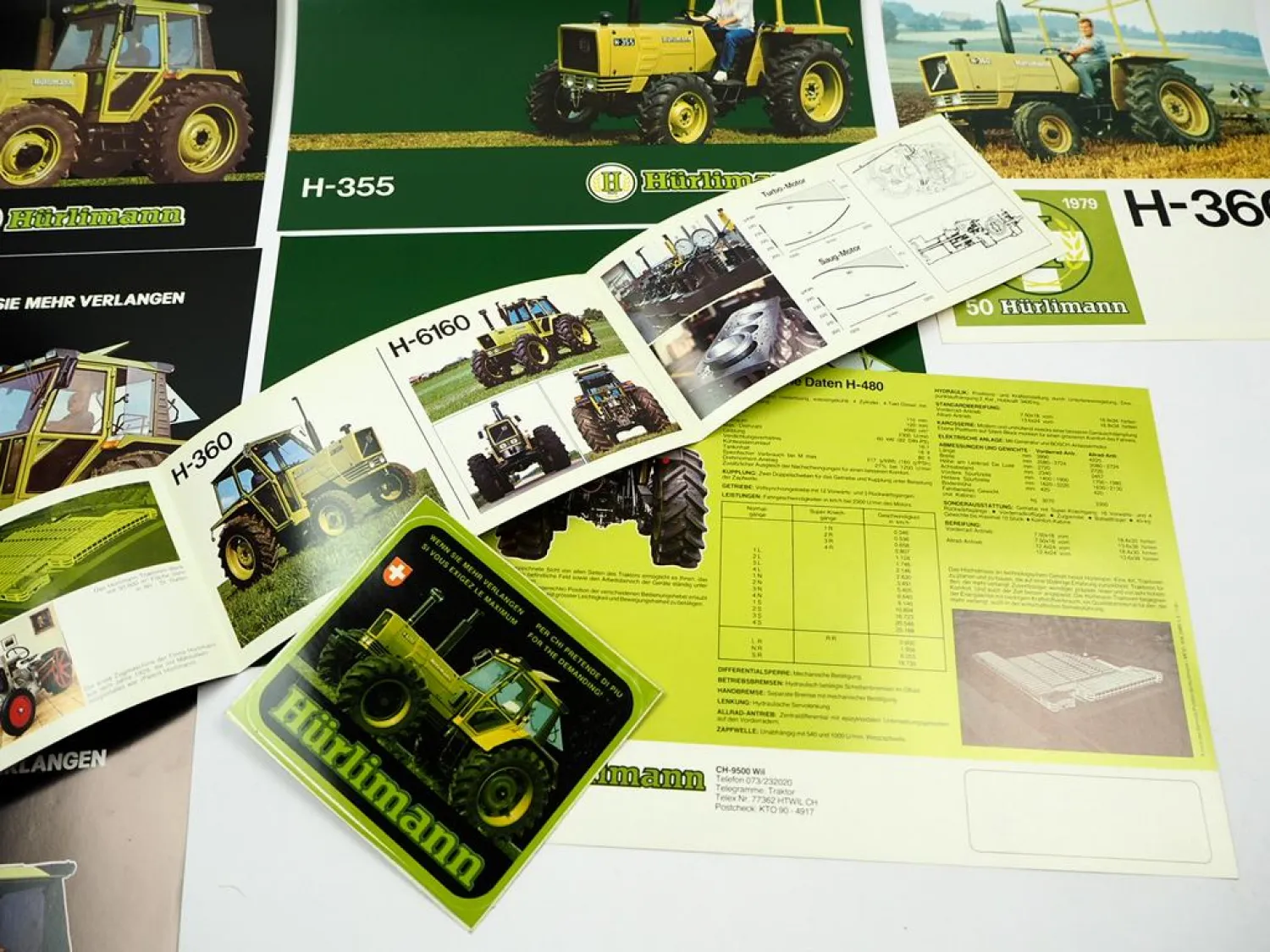 9x Original Prospekt Flyer Aufkleber Hürlimann H-355 - 6160 Traktor 1979/1981