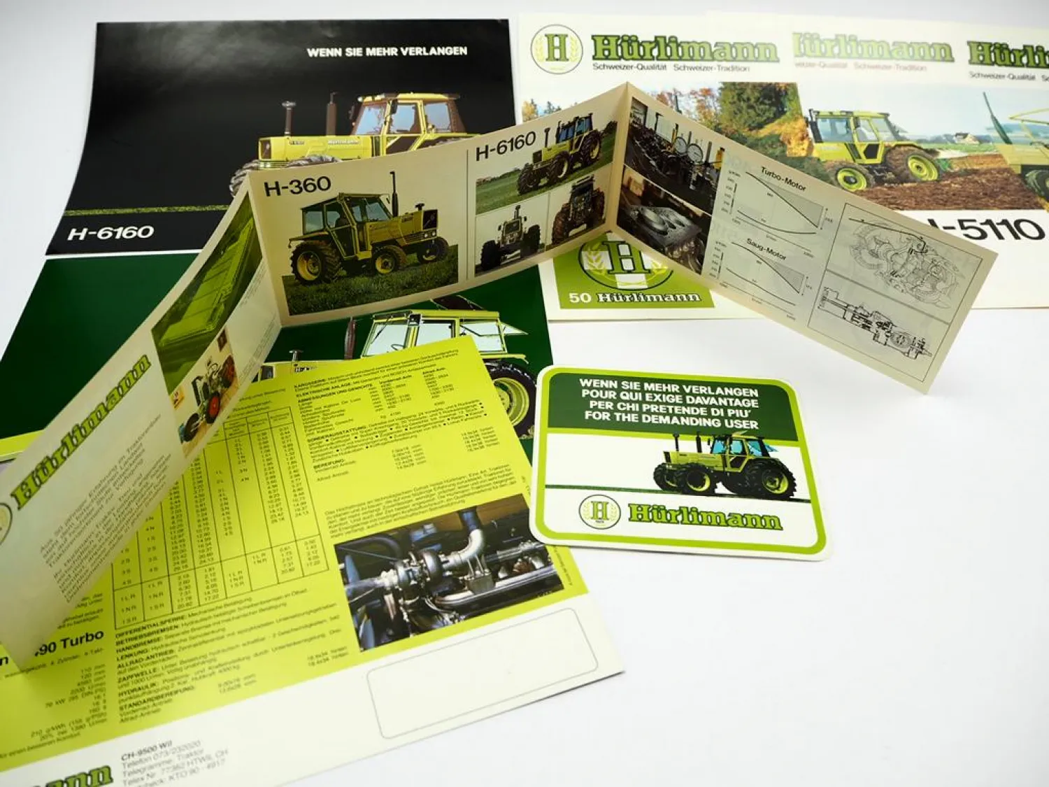9x Original Prospekt Flyer Aufkleber Hürlimann H-360 - 6160 Schlepper 1979/1981