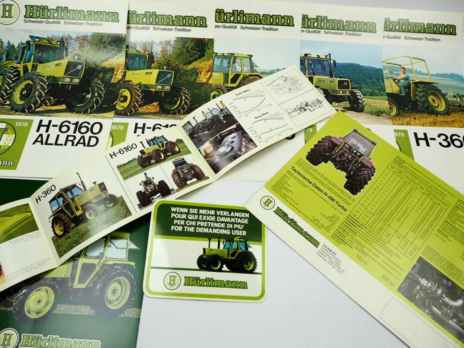 9x Original Prospekt Flyer Aufkleber Hürlimann H-360 - 6160 Traktor 1979/81