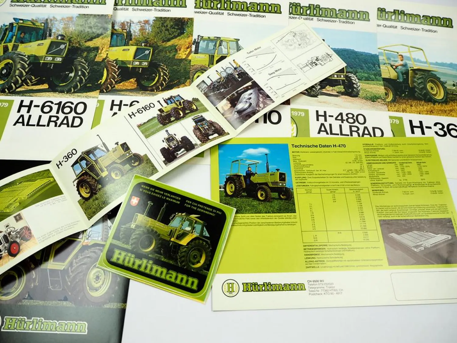 9x Original Prospekt Flyer Aufkleber Hürlimann H-360 - 6160 Traktor ca 1979/81