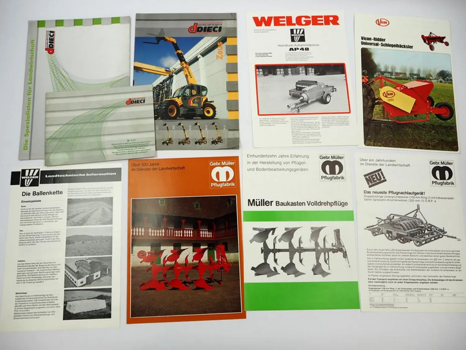 9x Original Prospekt Landtechnik Vicon Welger Müller Dieci 1970er bis 2000er J.