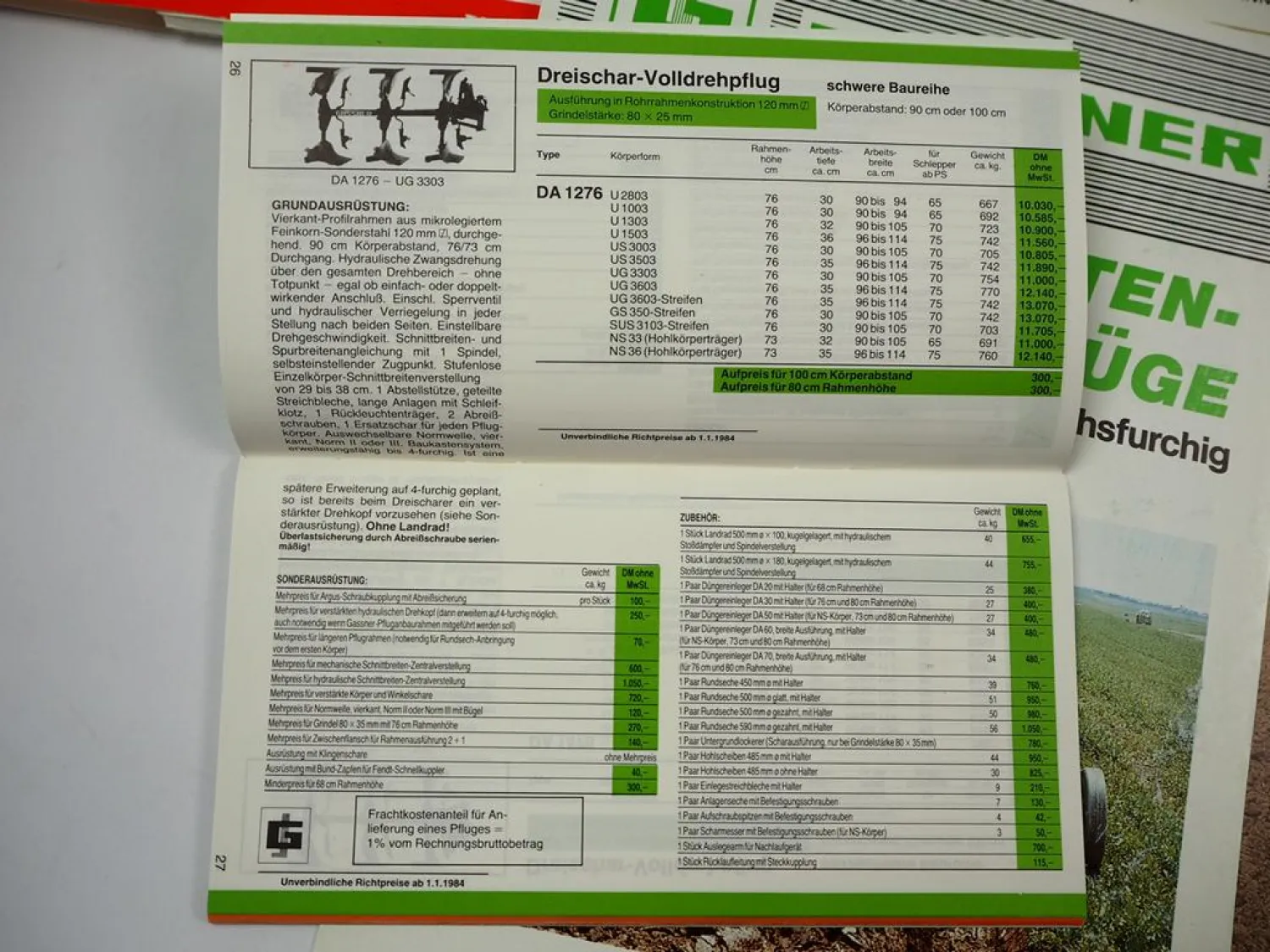 9x Original Prospekt Preisliste Anschreiben Mappe Gassner Pflüge 1984/85