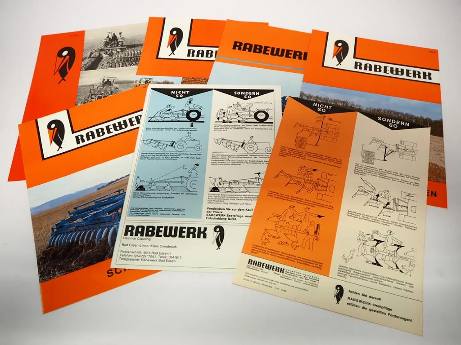 9x Original Prospekt Rabewerk verschiedene Anbaugeräte für Traktoren 1970er J.