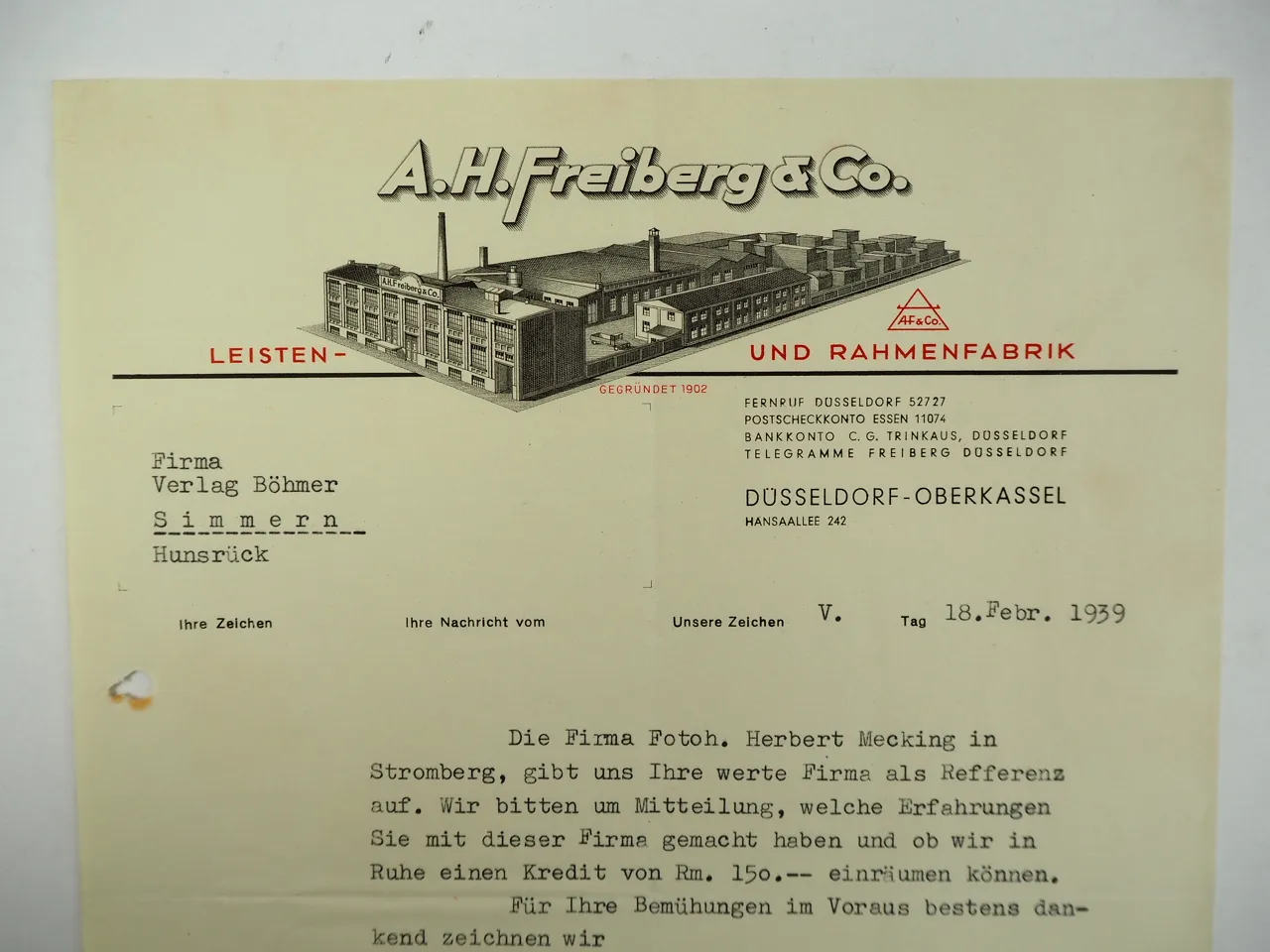 A. H. Freiberg & Co. Düsseldorf Leisten und Rahmenfabrik Geschäftsbrief 1939