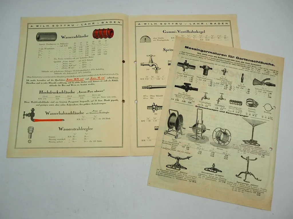 A. W. Sottru Lahr A. Ziegler Gingen Wasserschlauch 2x Prospekt ca. 1927