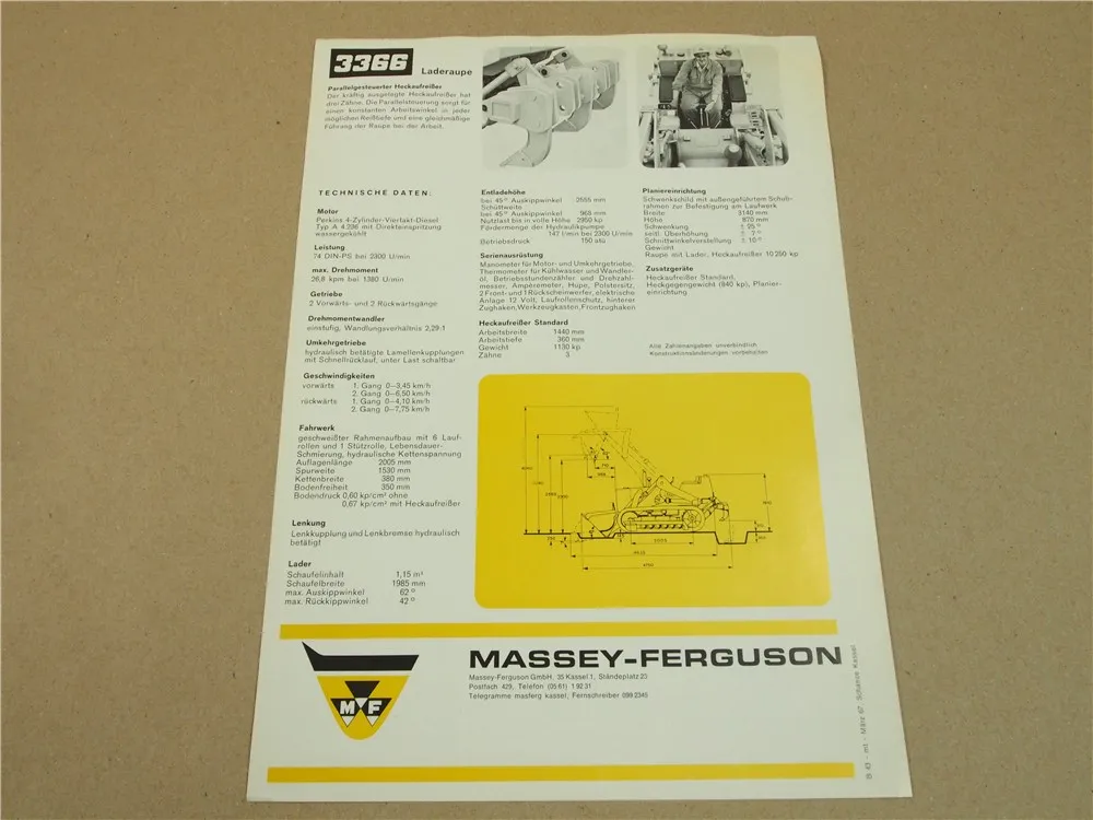 Prospekt Massey Ferguson MF 3366 Laderaupe mit Perkinsmotor 1969