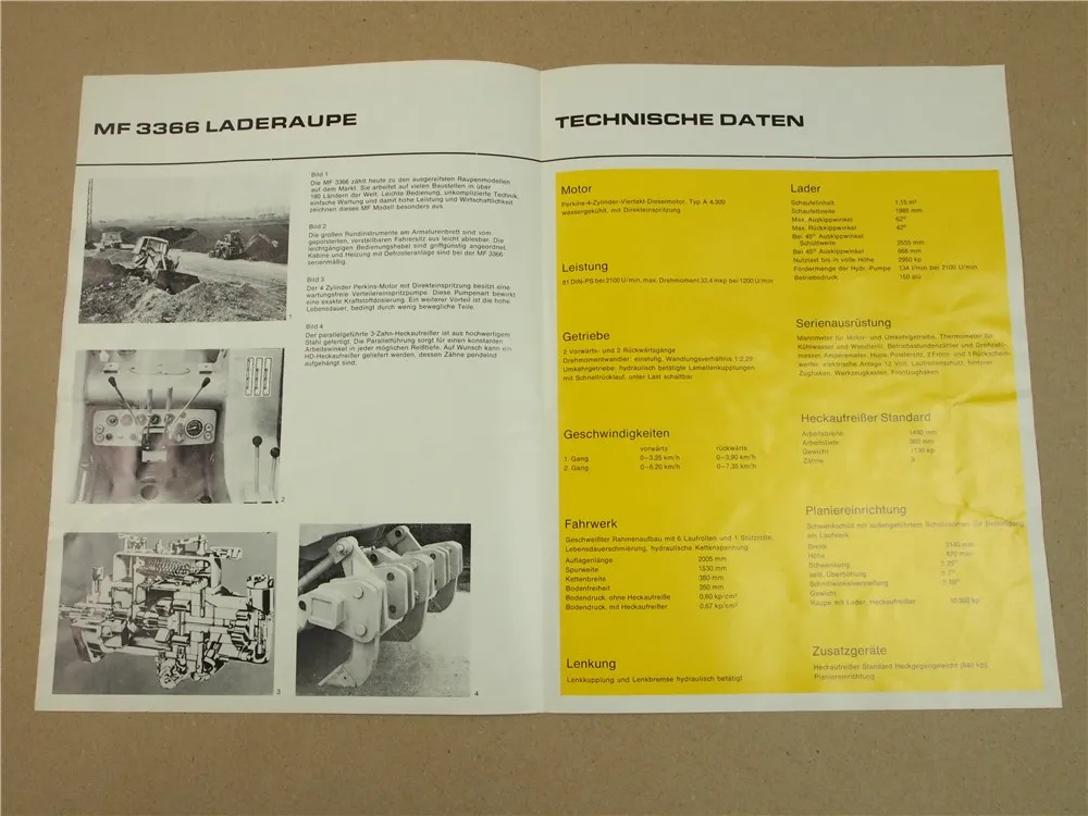 Prospekt Massey Ferguson MF 3366 Laderaupe mit 81 PS Perkinsmotor 10/1970