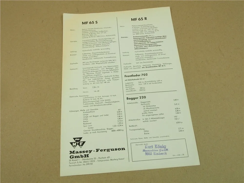 Prospekt Massey Ferguson MF 65R 65S Baumaschine im 3 in 1 System 1964