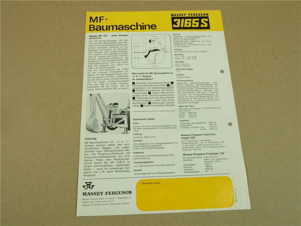 Prospekt Massey Ferguson MF 3165S Baggerlader von 1966