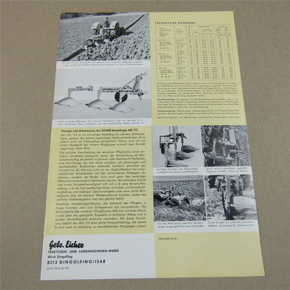 Prospekt Eicher AG 113 Anbau-Beetpflug für schwere Schlepper 1962