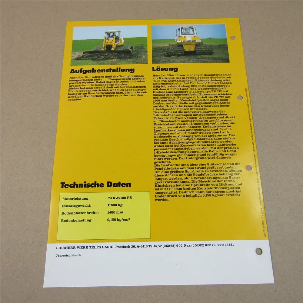 Prospekt Liebherr PR712 Litronic Raupe Einsatzbericht Elbmarschen Hamburg 1994