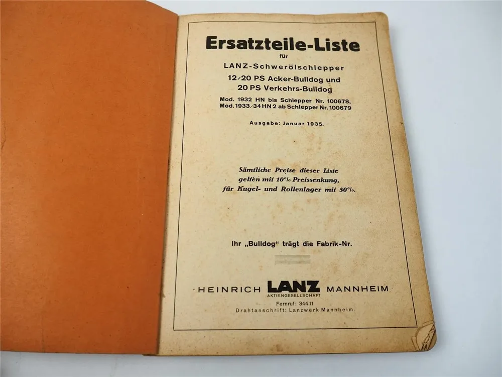 Ersatzteilliste Lanz 12PS 20PS Schwerölschlepper Bulldog Ersatzteilkatalog 1935