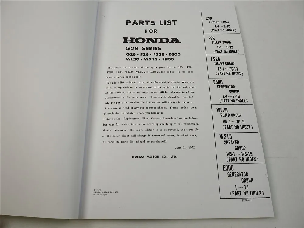 Honda G28 F28 FS28 E800 WL20 WS15 E900 Parts List Ersatzteilliste engl. 1972