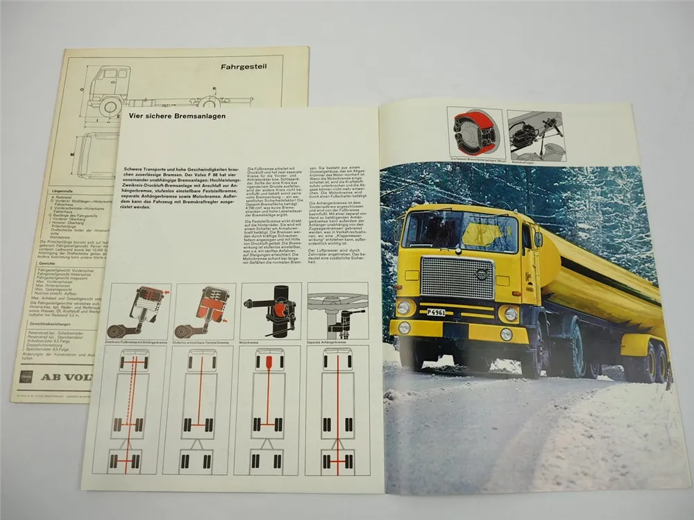 Volvo F88 LKW Pritschenwagen Auflieger Sattelzug Tankwagen 2x Prospekt 1965/67