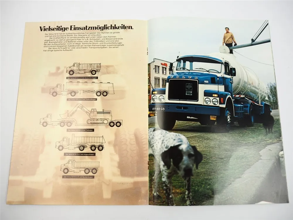 Volvo N10 LKW Kipper Auflieger Pritschenwagen Tieflader Prospekt 1977