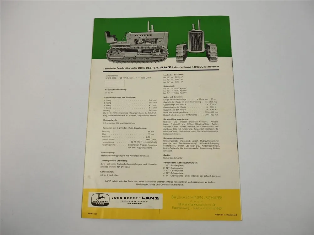 John Deere Lanz 440 IC ICDL Industrieraupe Prospekt Anschreiben 1960