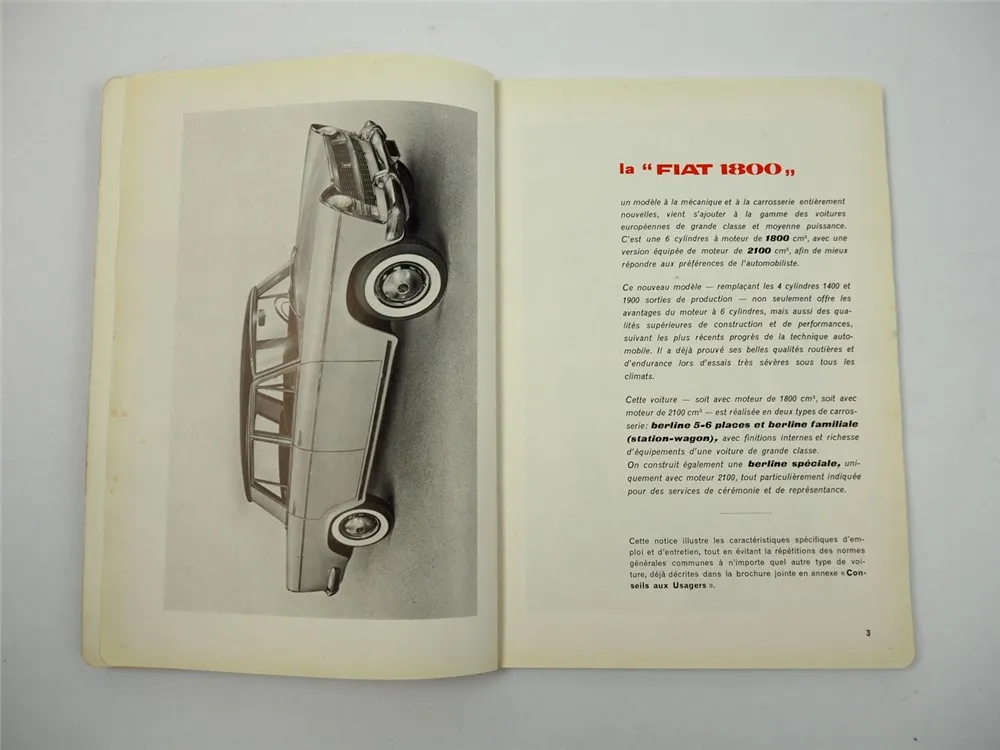 Fiat 1800 Voiture Berline avec moteur 1800 2100 Notice d entretien 1959