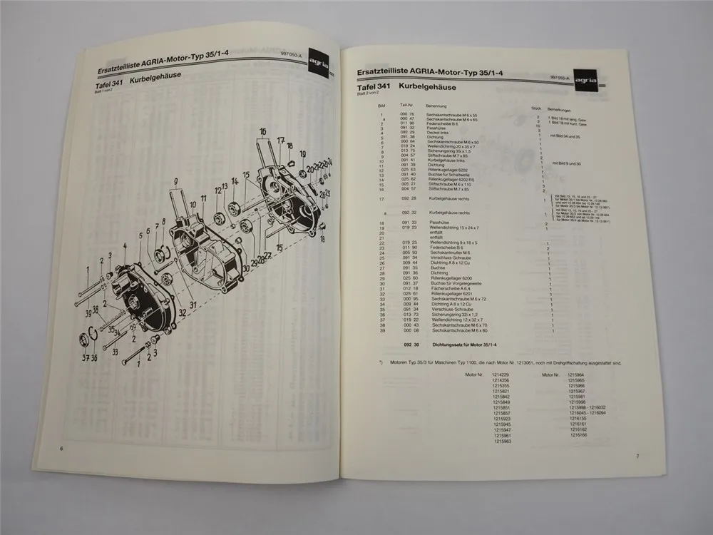 Agria Motor für 1000 1100 2100 2300 2400 4000 6000 Ersatzteilliste 1991