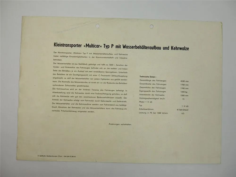 Multicar Typ P mit Wasserbehälter Aufbau und Kehrwalze Prospekt 1962