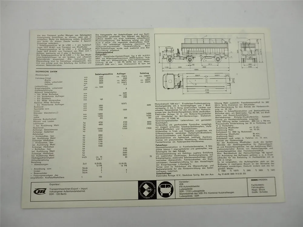 IFA W50 LKW Sattelzug Mischfutter Mehl Prospekt Ludwigsfelde DDR 1980