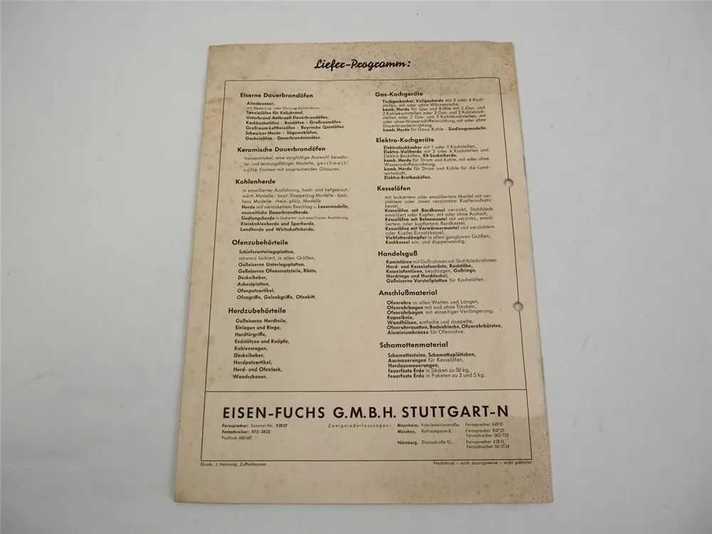Eisen Fuchs Stuttgart Öfen Herde Rundöfen Juno Buderus Voss Prospekt 1952/53
