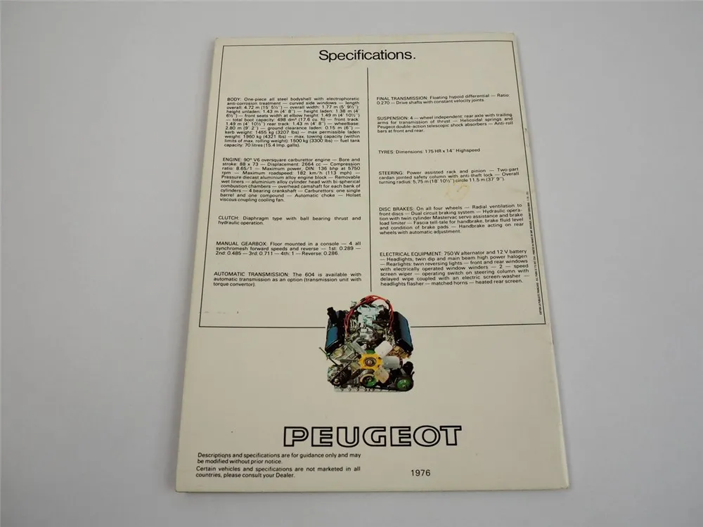Peugeot 604 SL mit V6 Motor Prospekt Brochure 1976