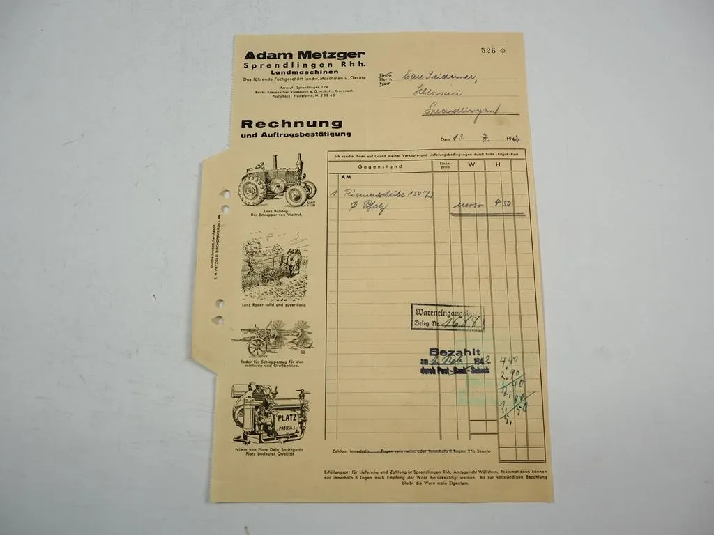 Adam Metzger Landmaschinen Lanz Bulldog Sprendlingen Rheinl. Pfalz Rechnung 1942