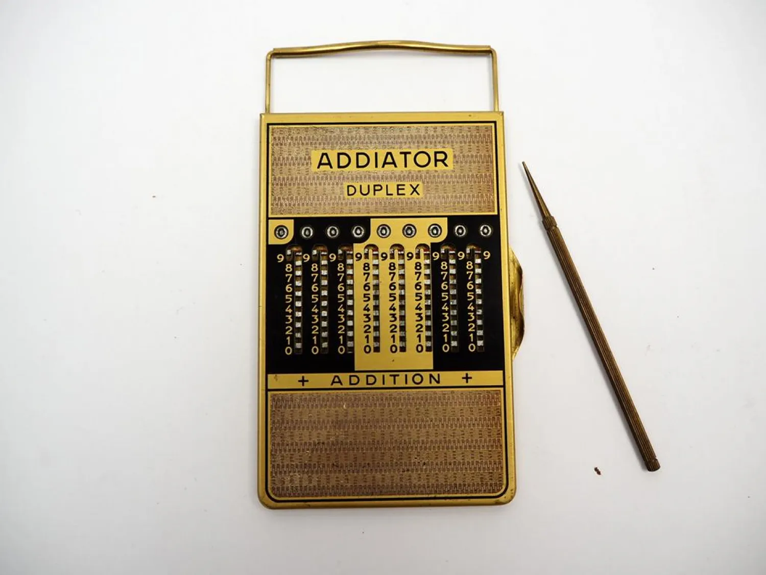 Addiator Duplex Historischer Rechenschieber Zahlenschieber mit Etui und Stift