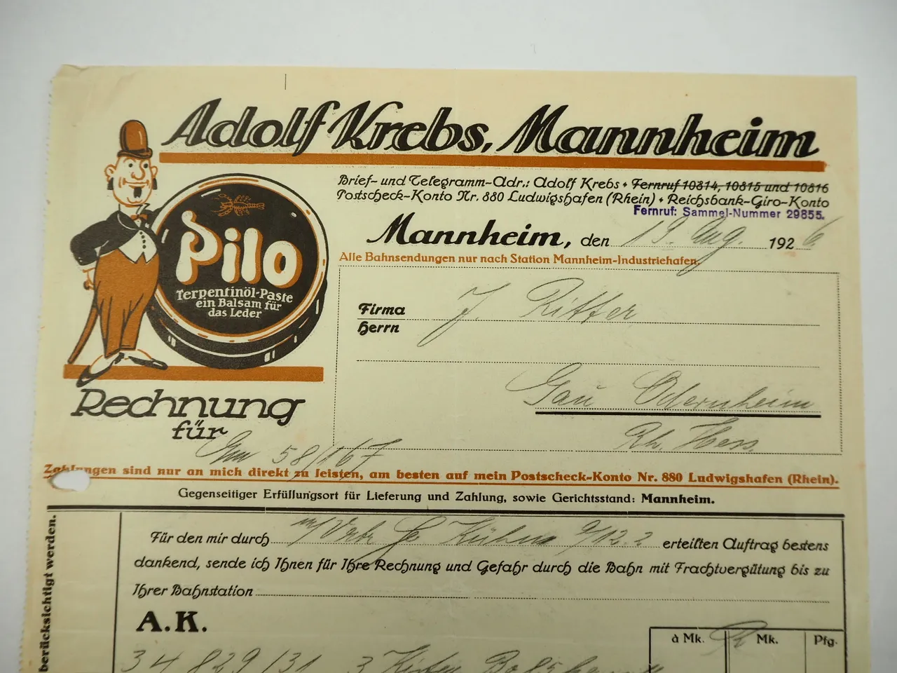 Adolf Krebs Mannheim Pilo Werke Schuhcreme 3x Rechnung Postkarte 1926