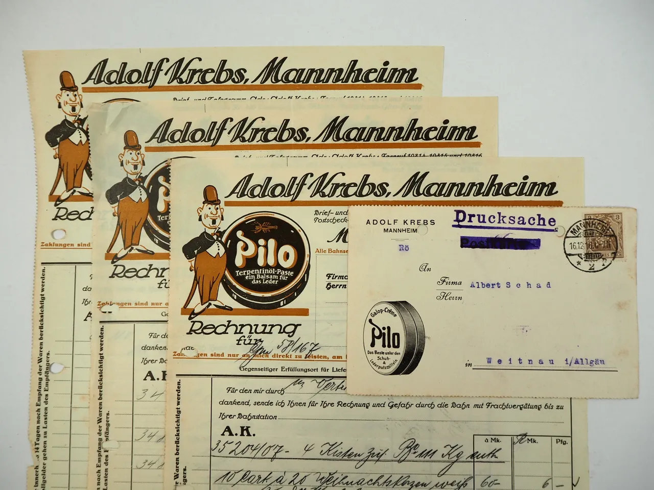 Adolf Krebs Mannheim Pilo Werke Schuhcreme 3x Rechnung Postkarte 1926
