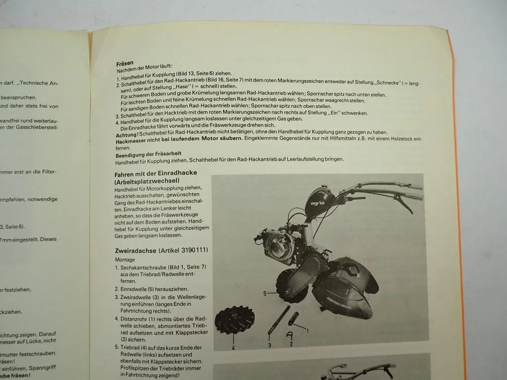 Agria 3100 Einradhacke Betriebsanleitung Bedienungsanleitung 1979